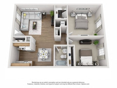 Floor plan for 2 beds, 1 bath, 1125 sqft